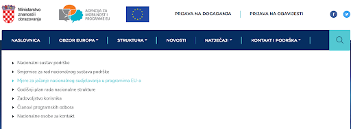 Odabrana kategorija “Kontakt i podrška” na web stranici Obzor Europa.